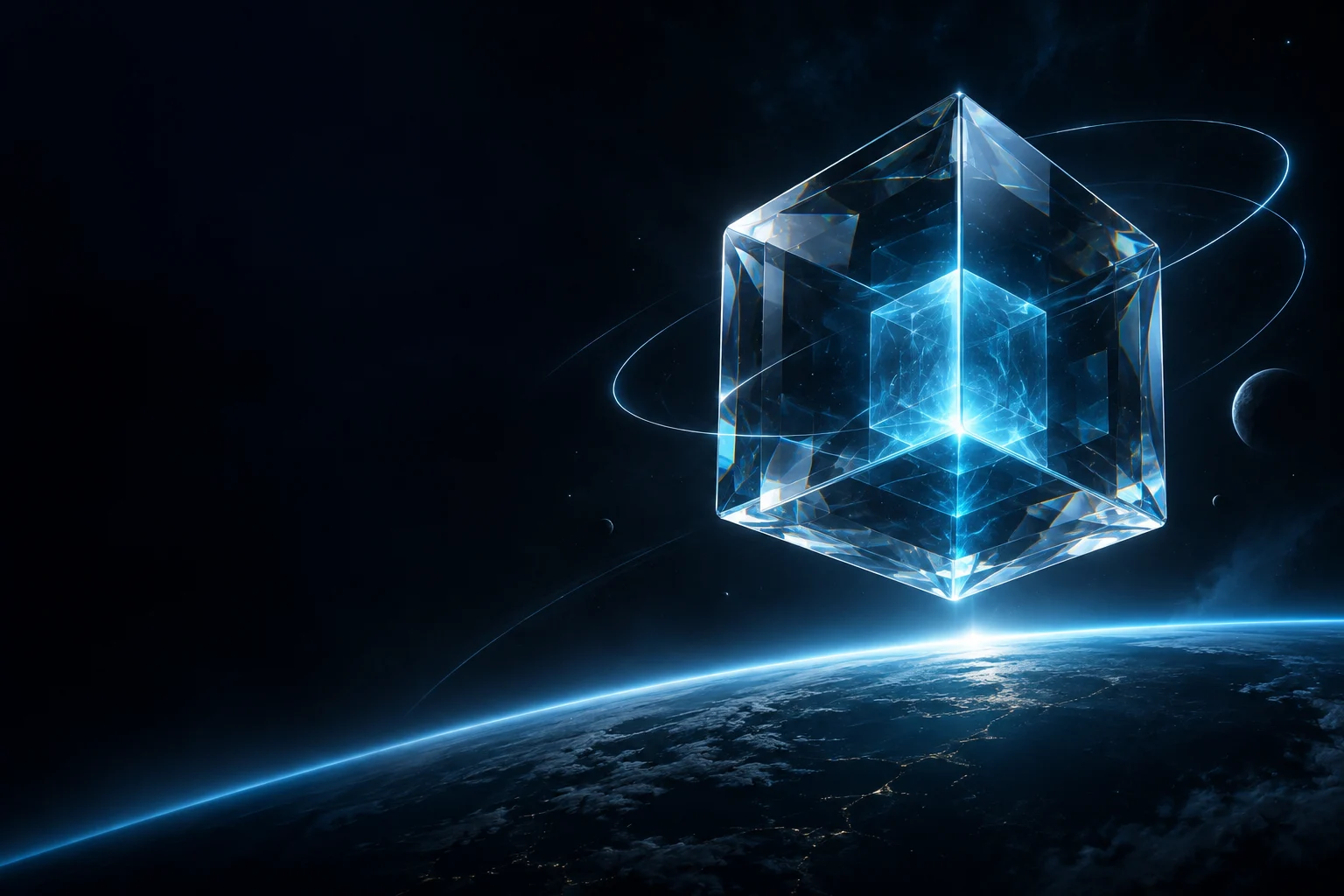 Cube lumineux Concept-IA au-dessus d’un horizon bleu